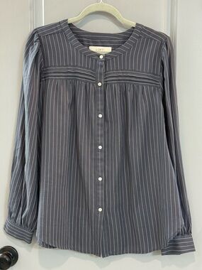 LOFT Charcoal Pinstripe Round-Neck Button-Front Blouse